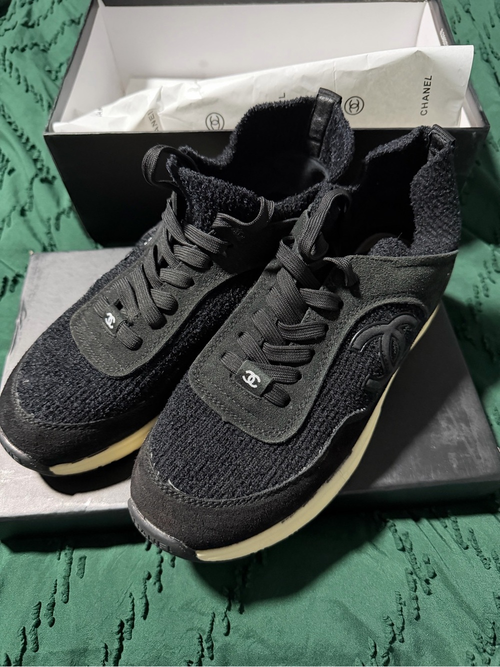 CHANEL Black Knit CC Logo Runner Sneakers with Ivory Midsole